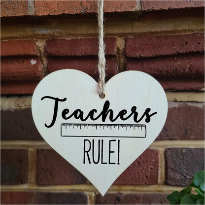 The Plum Penguin Handmade Wooden Hanging Heart Plaque Gift Teachers Rule fun novelty window wall hanger thank you gift teacher childminder distance learning home schooling