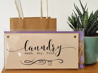 The Plum Penguin Handmade Wooden Hanging Wall Plaque Laundry Wash Dry Fold Funny Washing Decorative Sign for Utility Room