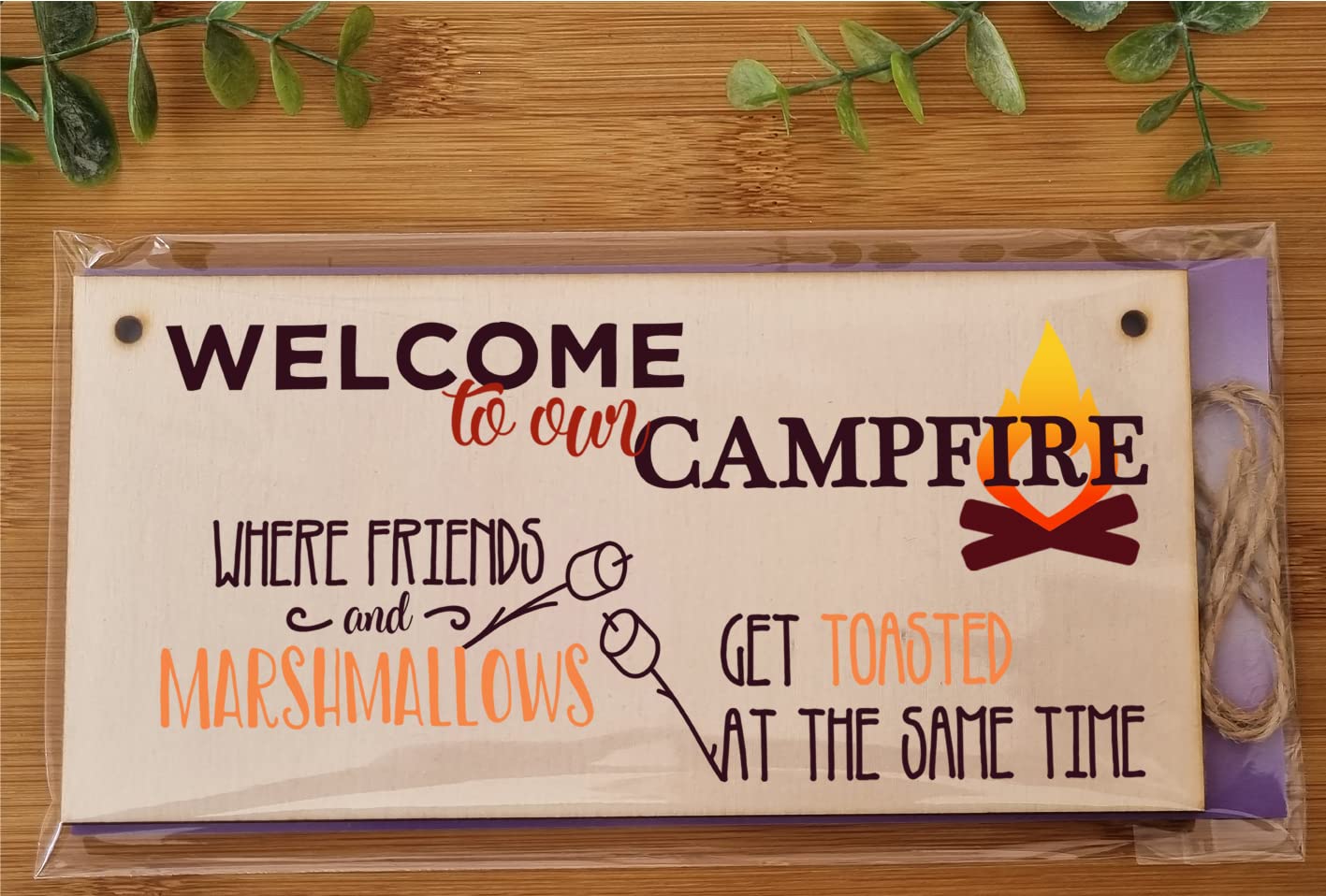 The Plum Penguin Handmade Wooden Hanging Wall Plaque Welcome to our Campfire Friends Roasted Funny Camping Tent Adventure Sign