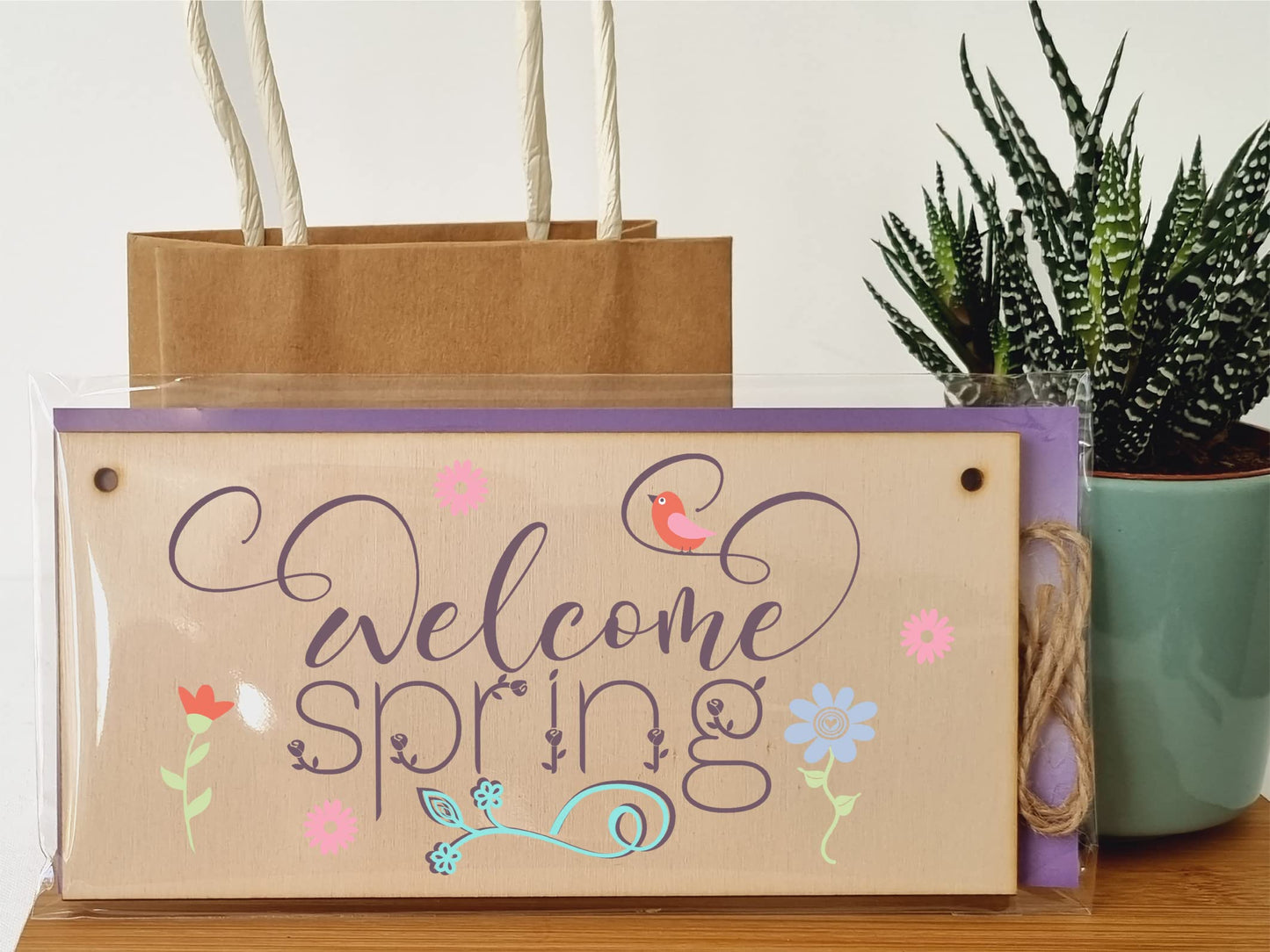 The Plum Penguin Handmade Wooden Hanging Wall Plaque Welcome Spring Cute Fun Easter Sign Springtime Garden Kitchen Decoration