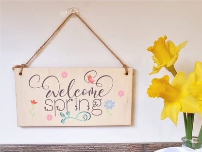 The Plum Penguin Handmade Wooden Hanging Wall Plaque Welcome Spring Cute Fun Easter Sign Springtime Garden Kitchen Decoration