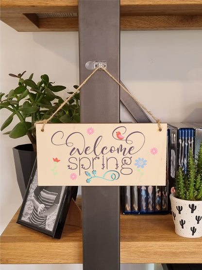 The Plum Penguin Handmade Wooden Hanging Wall Plaque Welcome Spring Cute Fun Easter Sign Springtime Garden Kitchen Decoration