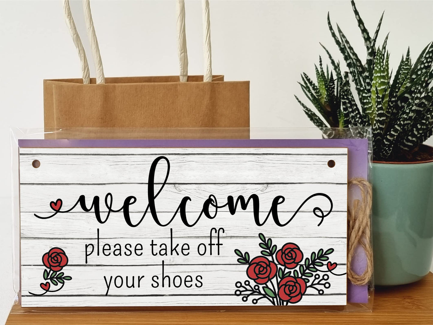 The Plum Penguin Handmade Wooden Hanging Wall Plaque Welcome Please Take Off Shoes Decorative Sign Family Home Hallway