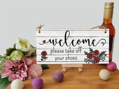 The Plum Penguin Handmade Wooden Hanging Wall Plaque Welcome Please Take Off Shoes Decorative Sign Family Home Hallway