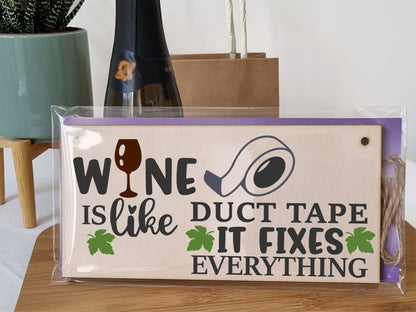 The Plum Penguin Wine Like Duct Tape Fixes Everything Novelty Handmade Wooden Hanging Wall Plaque Gift Home Bar Sign Decoration
