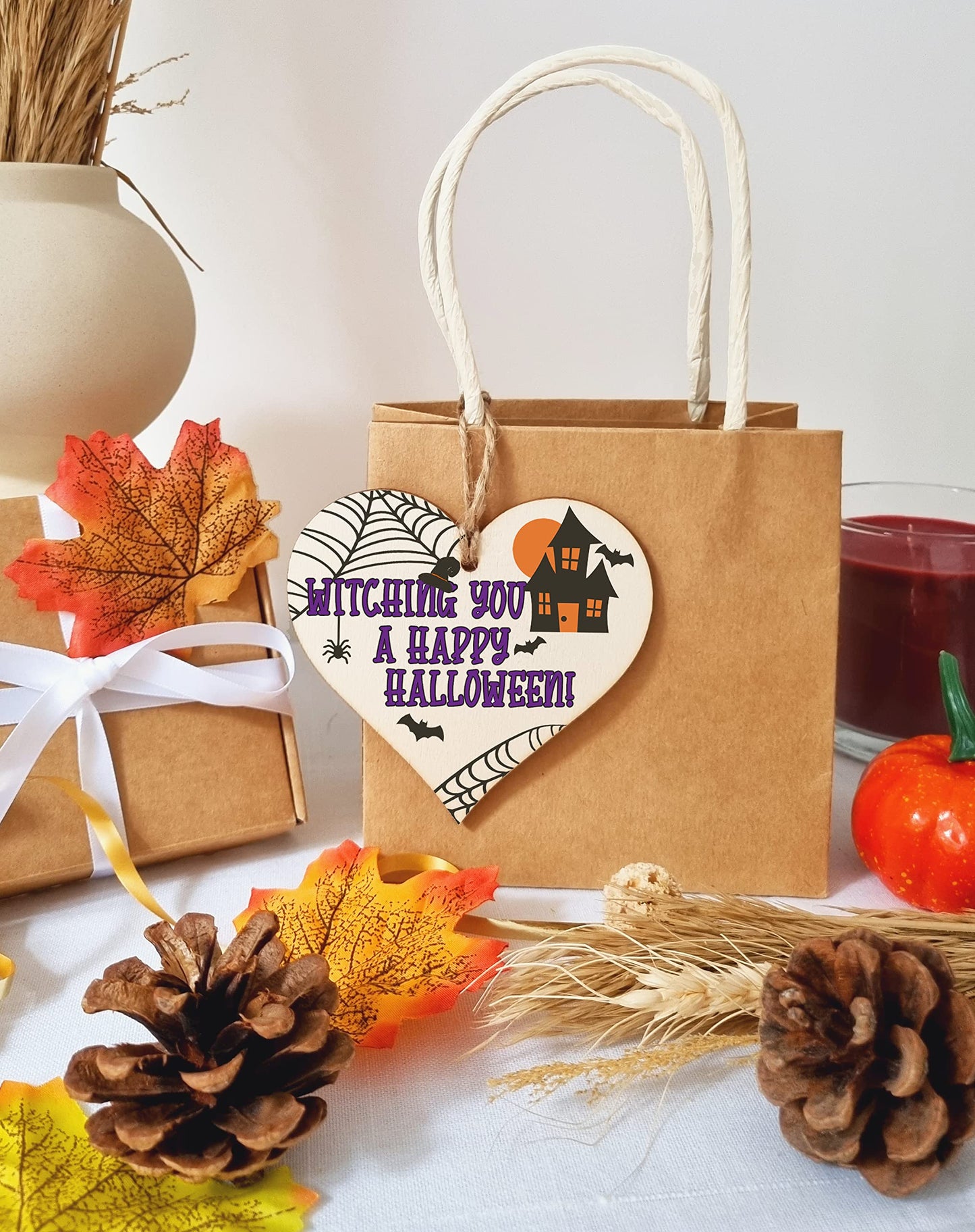 Witching You Happy Halloween Haunted House Spooky Fun Hanging Heart Wooden Decoration Gift Card Alternative