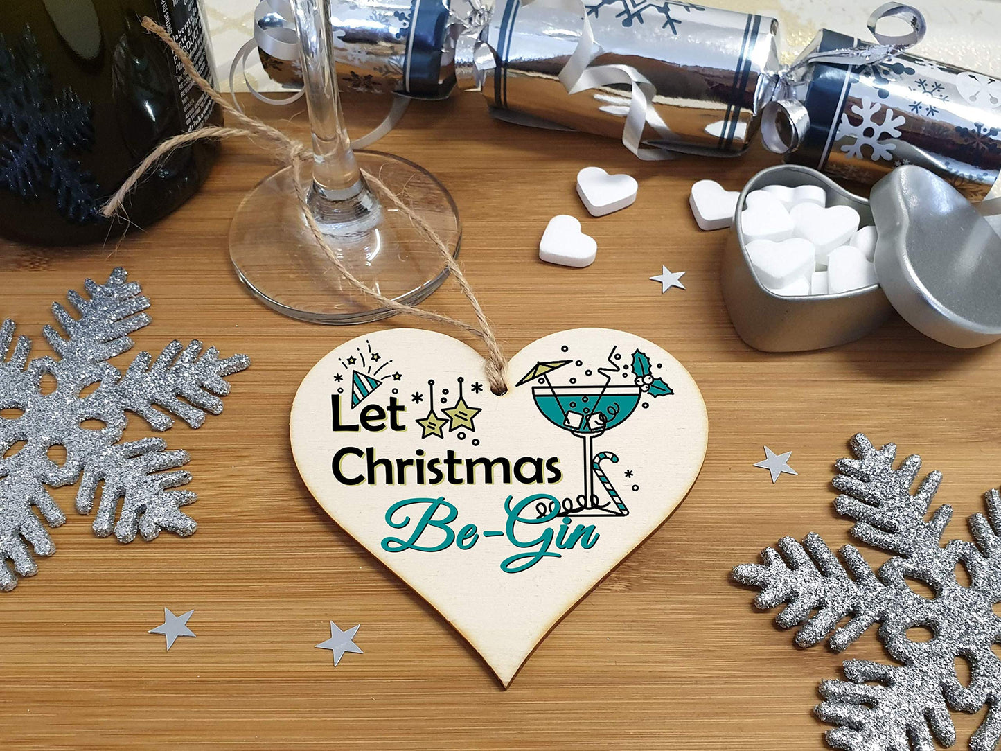 The Plum Penguin Handmade Wooden Christmas Hanging Heart Plaque Gift Let Christmas Be-Gin funny novelty gin lovers alcohol joke xmas present