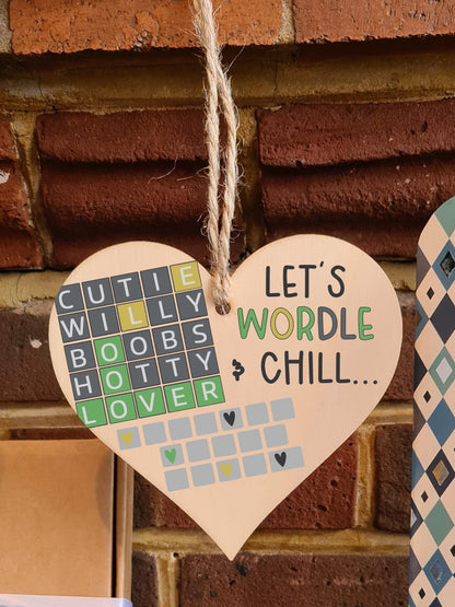 The Plum Penguin Handmade Wooden Hanging Heart Plaque Gift Lets Wordle and Chill Funny Rude Play on Words Boyfriend Girlfriend