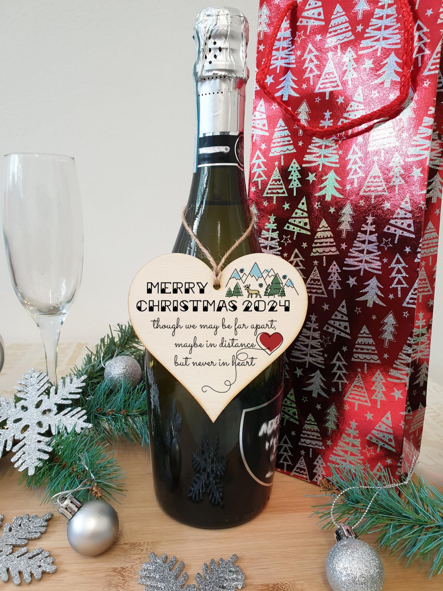 Handmade Wooden Hanging Heart Plaque Christmas Tree Bauble Though We May Be Far Apart 2024 Card Alternative Long Distance Family Friends