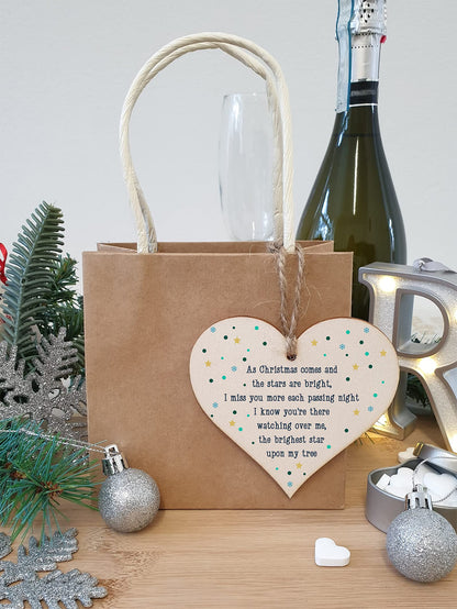 The Plum Penguin Handmade Wooden Hanging Heart Plaque Gift Christmas Comes Miss You Brightest Star Bereavement In Memory Keepsake Wall Hanger