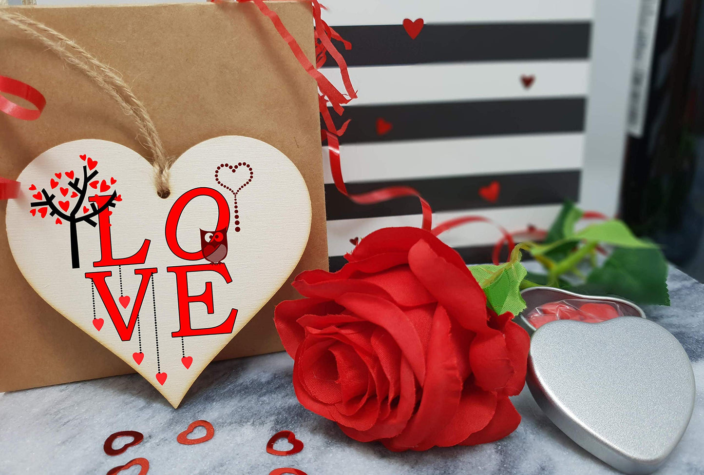 The Plum Penguin Handmade Wooden Hanging Heart Plaque Valentine's Gift L O V E simple red design cute owl gift for someone special boyfriend girlfriend husband wife funny romantic keepsake