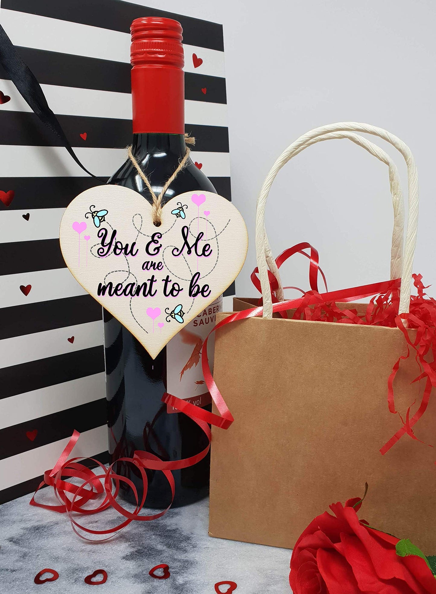 The Plum Penguin Handmade Wooden Hanging Heart Plaque Valentine's Gift You and Me are meants to be bee floral sweet for someone special boyfriend girlfriend husband wife funny romantic keepsake