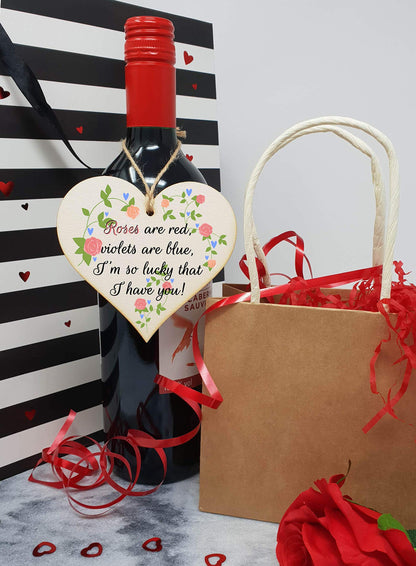 Handmade Wooden Hanging Heart Plaque Valentine's Gift Roses are red I'm lucky I have you sweet floral design gift for someone special boyfriend girlfriend husband wife cute romantic keepsake