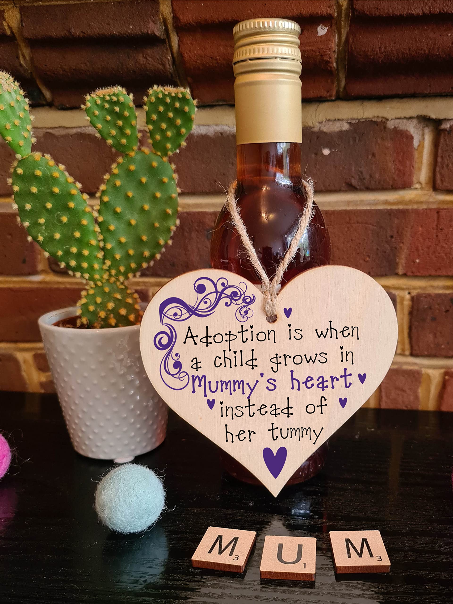 Handmade Wooden Hanging Heart Plaque Gift to Celebrate Adoption