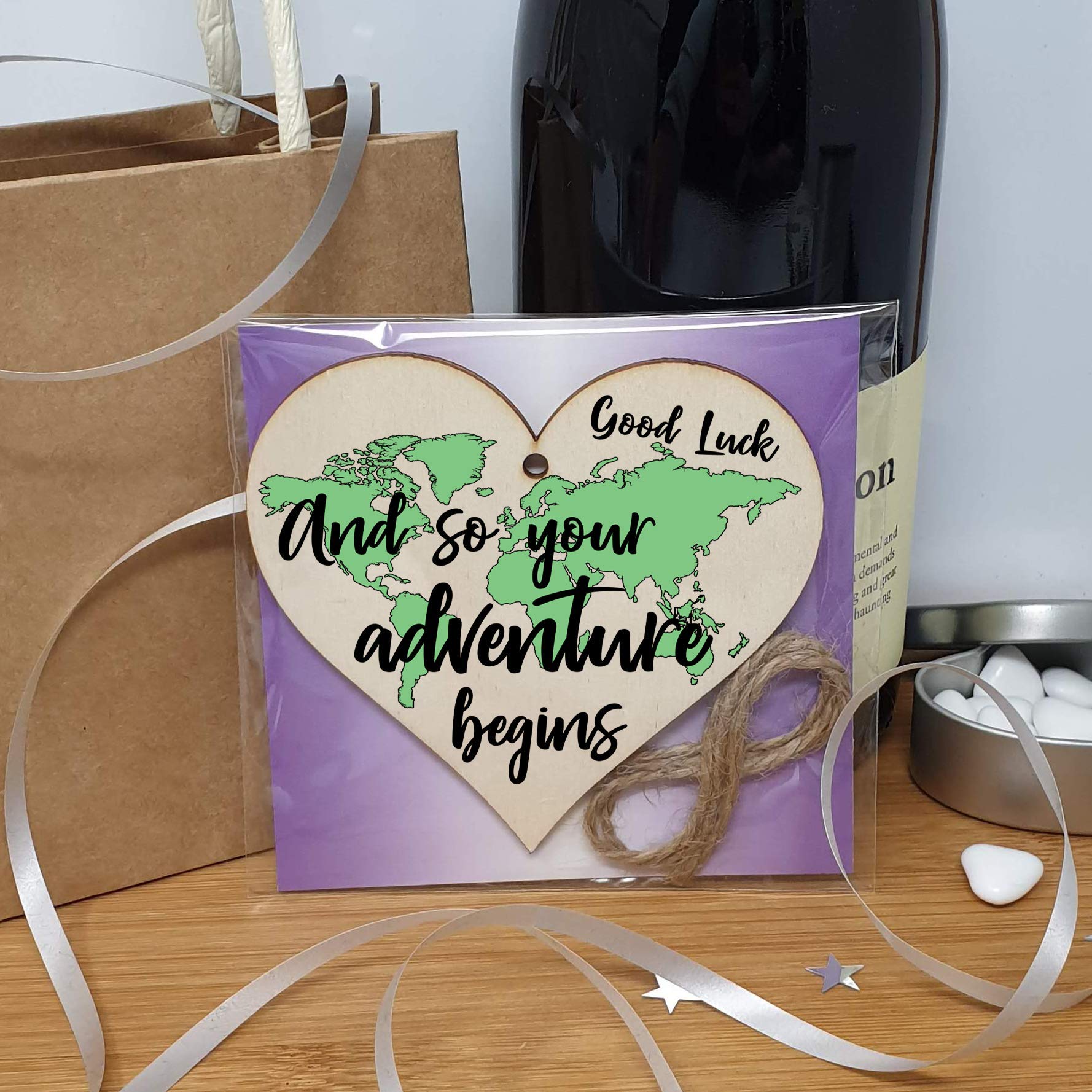 The Plum Penguin Handmade Wooden Hanging Heart Plaque Gift Adventure Begins Inspirational Motivational World Explorer Wilderness Design