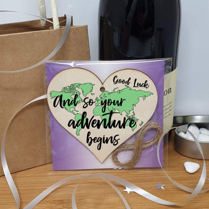 The Plum Penguin Handmade Wooden Hanging Heart Plaque Gift Adventure Begins Inspirational Motivational World Explorer Wilderness Design