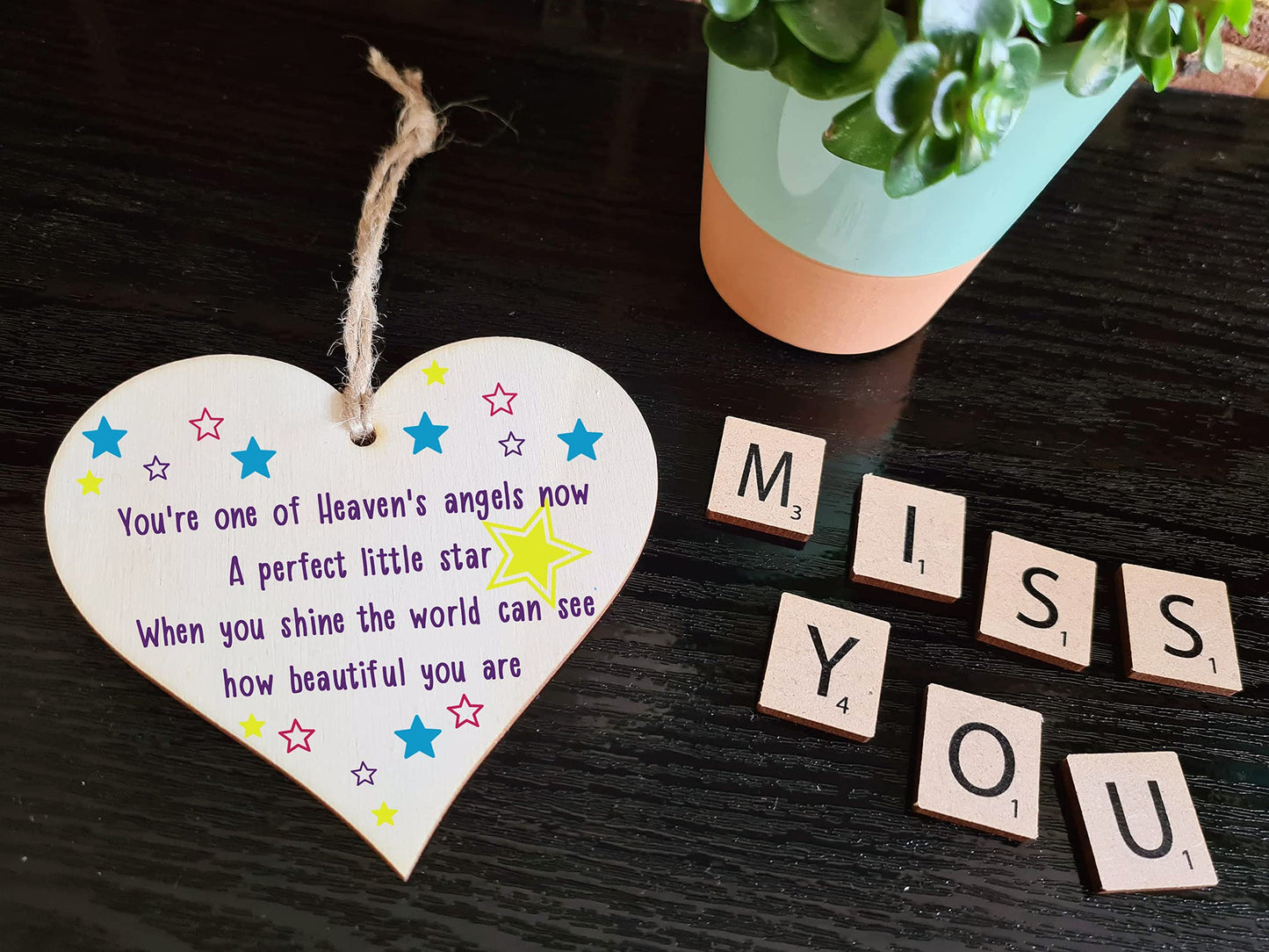 The Plum Penguin Handmade Wooden Hanging Heart Plaque Gift Heaven Angel Beautiful Star Missing You Bereavement In Memory Keepsake Wall Hanger