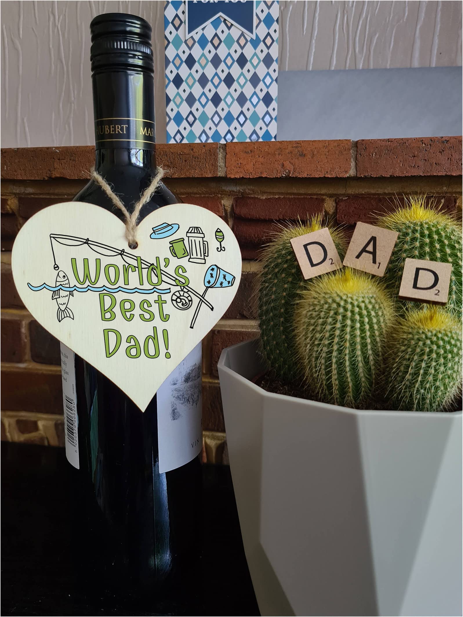 Handmade Wooden Hanging Heart Plaque Gift for Dad this Fathers Day Novelty Fun Thoughtful Keepsake for Fishing Fan