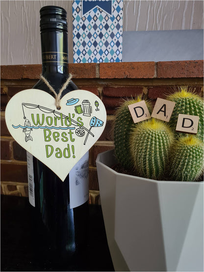Handmade Wooden Hanging Heart Plaque Gift for Dad this Fathers Day Novelty Fun Thoughtful Keepsake for Fishing Fan