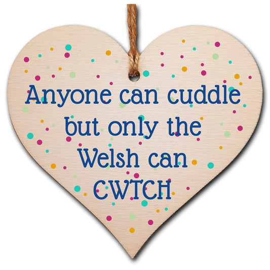 The Plum Penguin Handmade Wooden Hanging Heart Plaque Gift Cuddle Welsh Cwtch Fun Novelty Wall Hanger Decoration Friendship Family Love
