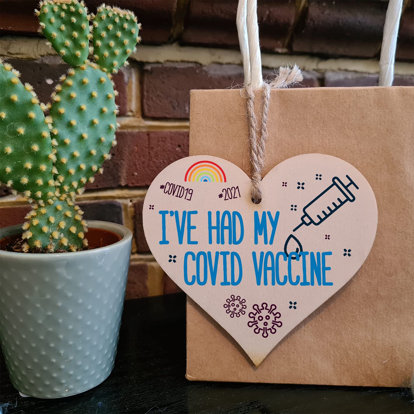 The Plum Penguin Handmade Wooden Hanging Heart Plaque Gift I've had my COVID Vaccine Vaccinated Celebration Gift Car Mirror Hanger Badge Alternative