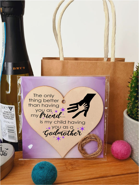 Handmade Wooden Hanging Heart Plaque Gift for Friend Godmother Loving Thoughtful Thank You Keepsake