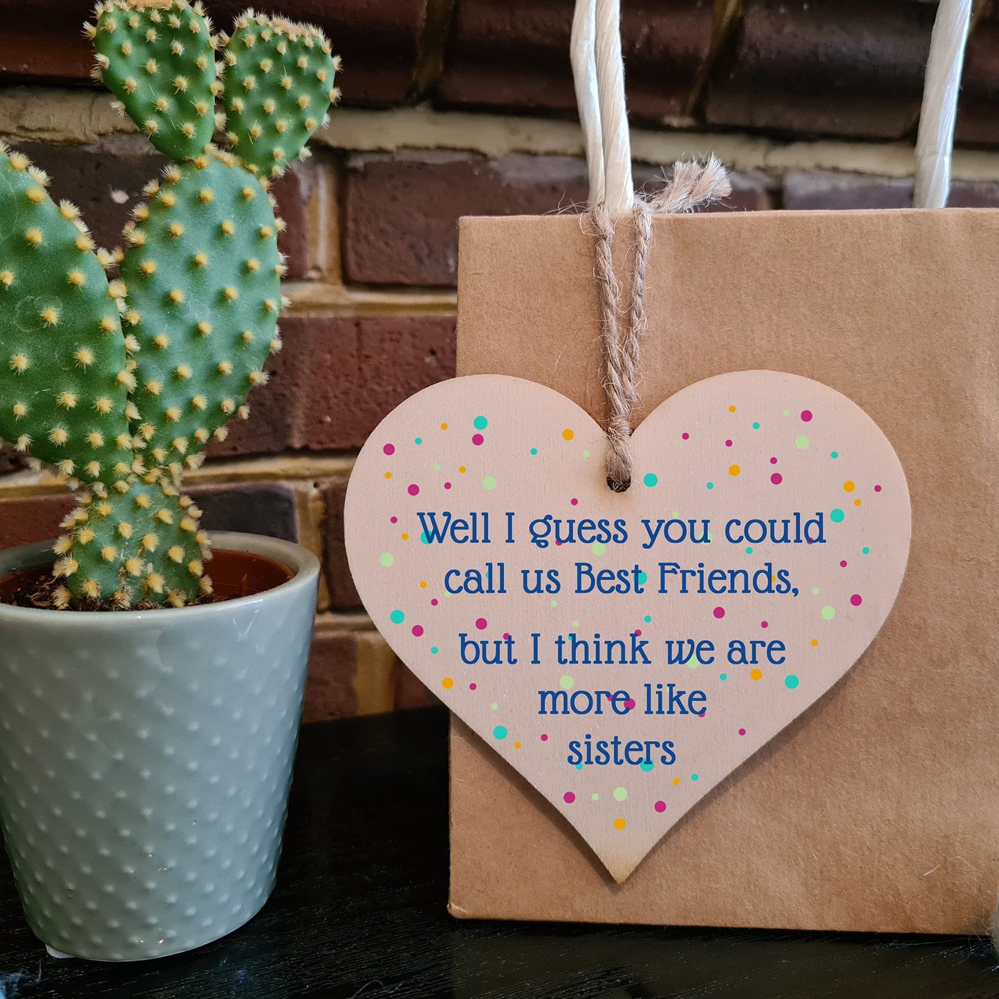 The Plum Penguin Handmade Wooden Hanging Heart Plaque Gift Best Friends More Like Sisters Friendship Present Wall Hanger Card Alternative