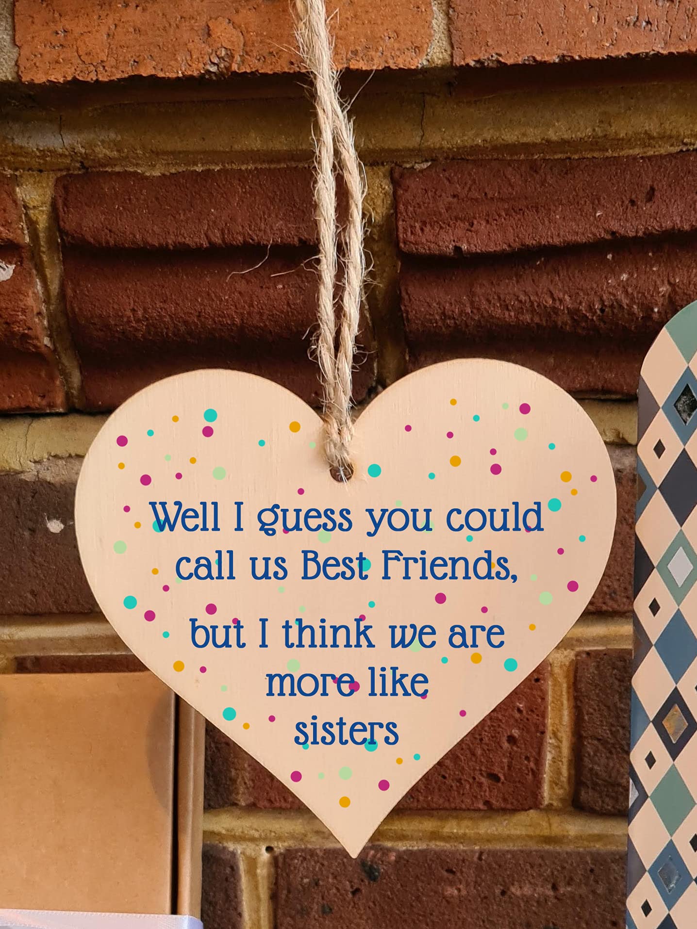 The Plum Penguin Handmade Wooden Hanging Heart Plaque Gift Best Friends More Like Sisters Friendship Present Wall Hanger Card Alternative