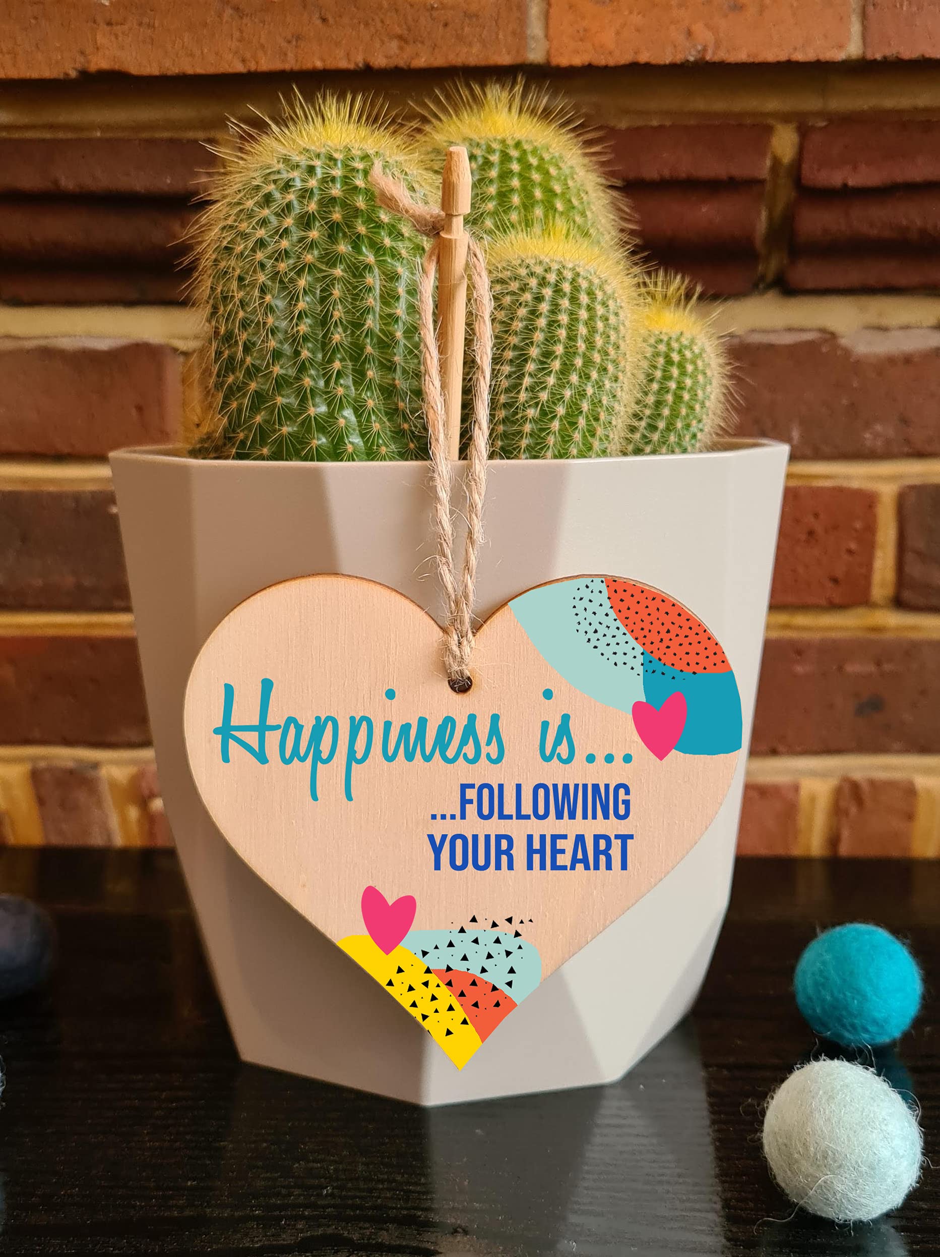 The Plum Penguin Handmade Wooden Hanging Heart Plaque Gift Happiness is Following Your Heart Inspirational Wall Hanger Card Alternative Friendship Family
