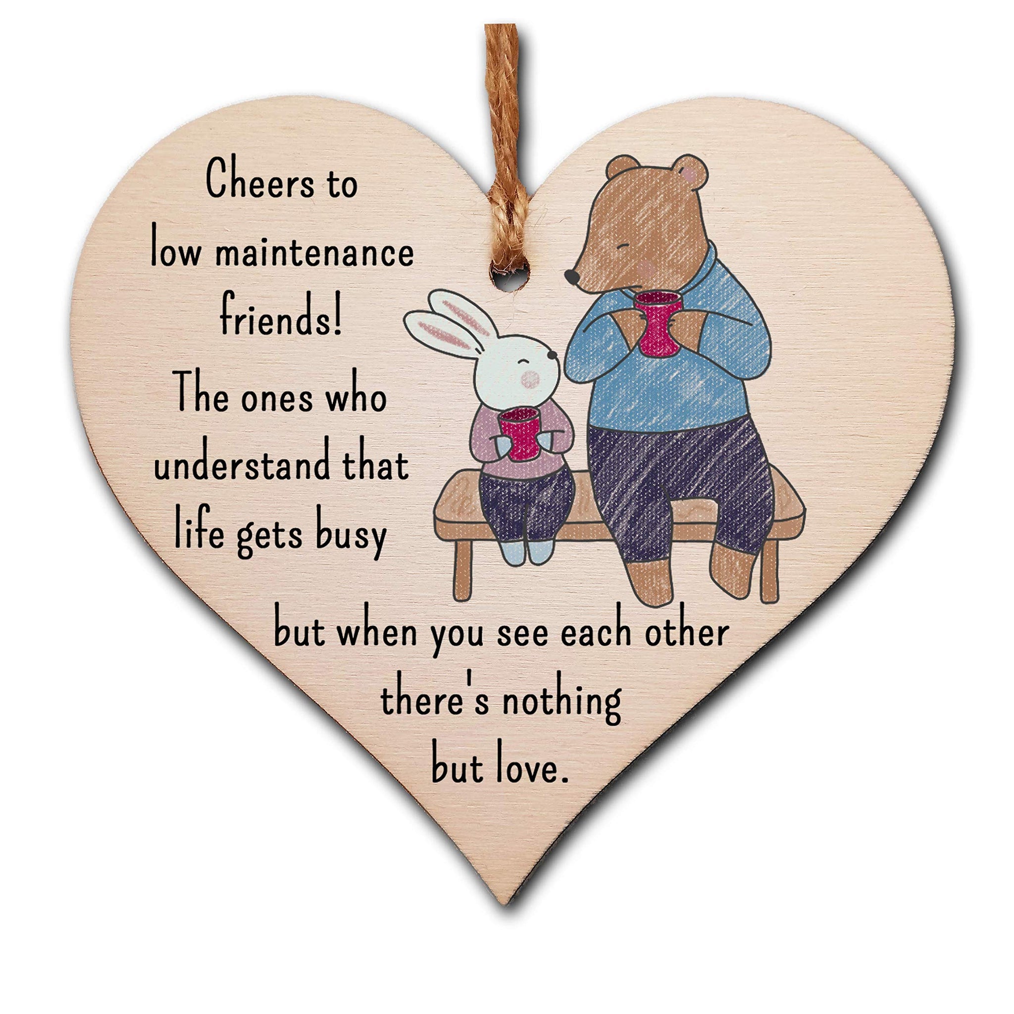 The Plum Penguin Handmade Wooden Hanging Heart Plaque Gift Cheers to low maintenance friends long distance friendship miss you cute wall hanger hand drawn design