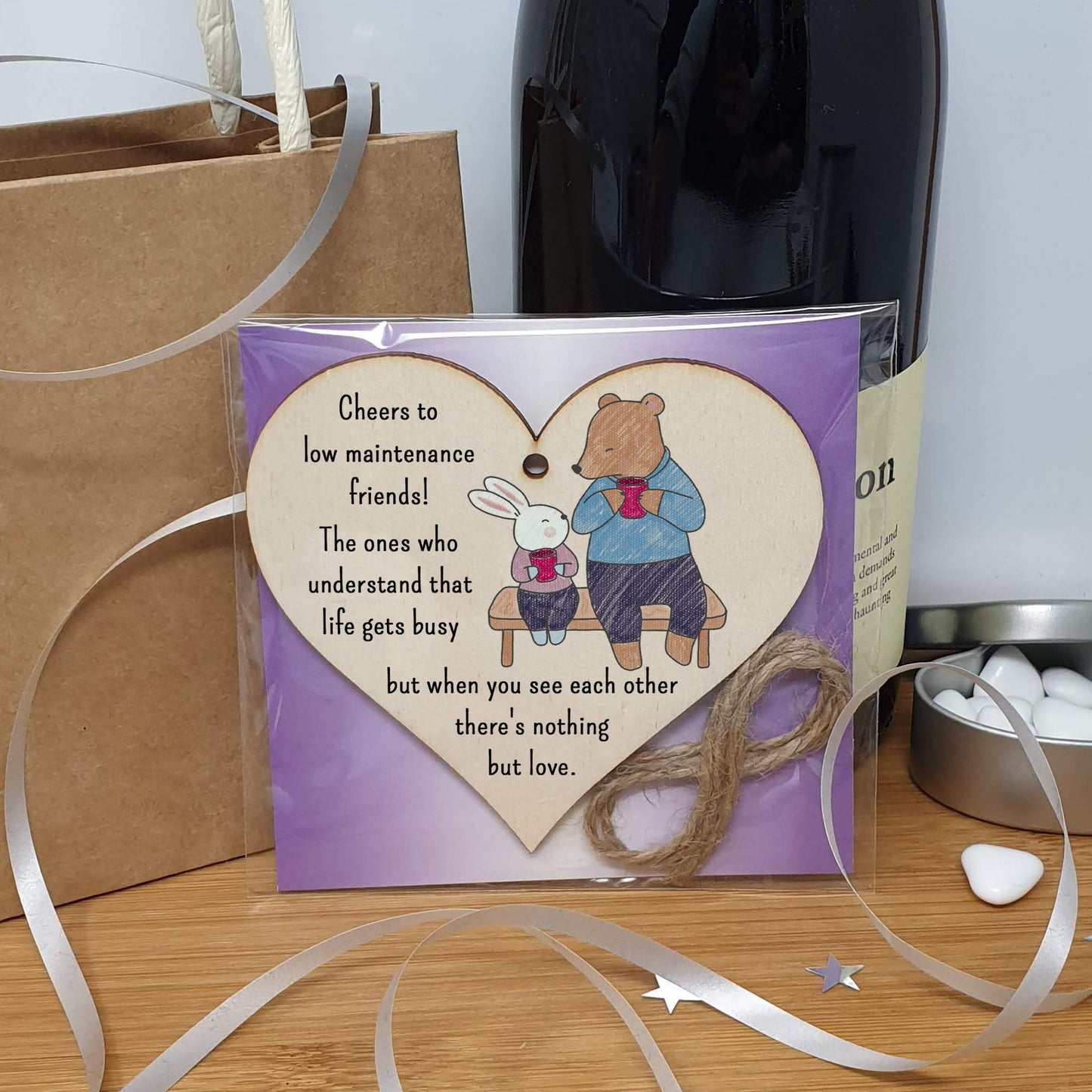 The Plum Penguin Handmade Wooden Hanging Heart Plaque Gift Cheers to low maintenance friends long distance friendship miss you cute wall hanger hand drawn design