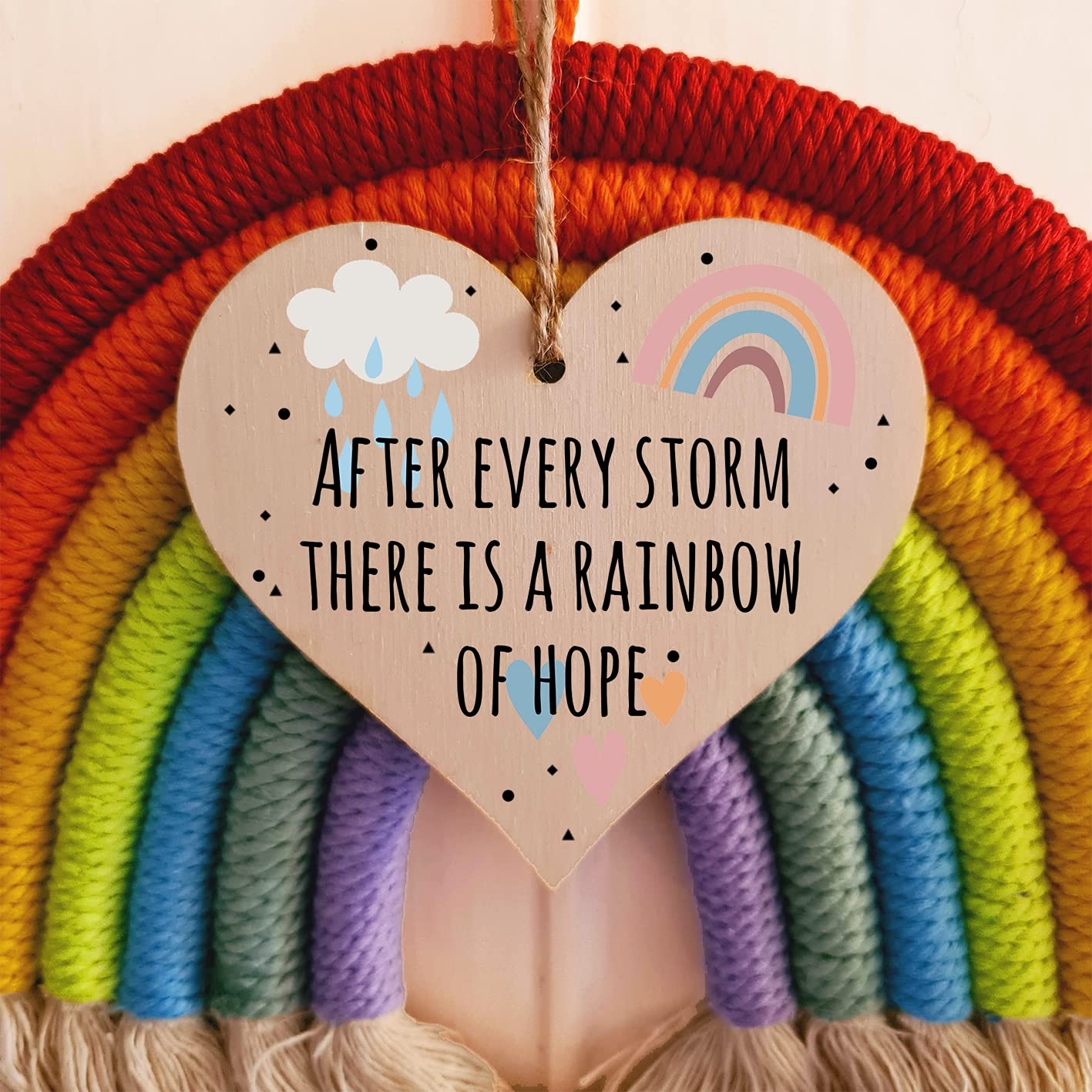 The Plum Penguin Handmade Wooden Hanging Heart Plaque Gift Storm Rainbow of Hope Inspirational Wall Hanger Card Alternative Friendship Family