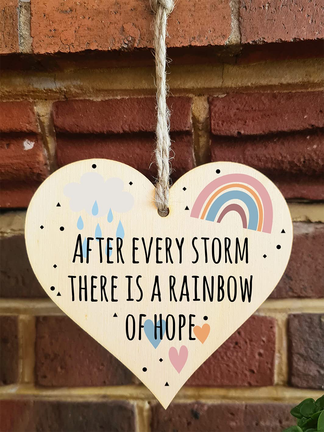 The Plum Penguin Handmade Wooden Hanging Heart Plaque Gift Storm Rainbow of Hope Inspirational Wall Hanger Card Alternative Friendship Family