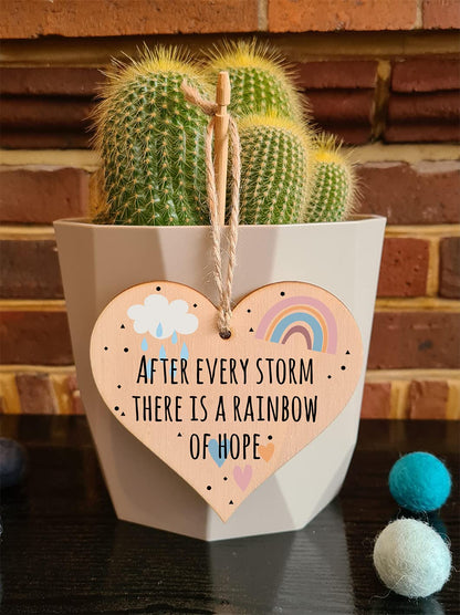 The Plum Penguin Handmade Wooden Hanging Heart Plaque Gift Storm Rainbow of Hope Inspirational Wall Hanger Card Alternative Friendship Family