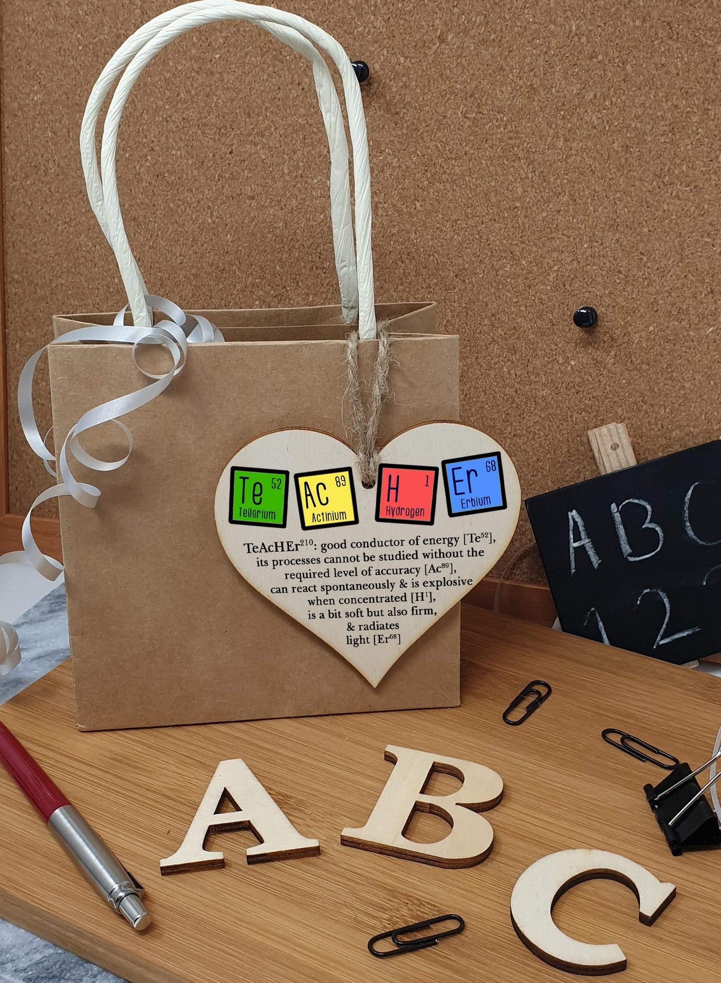 The Plum Penguin Handmade Wooden Hanging Heart Plaque Gift Teacher Present Fun Novelty Chemical elements Thank You from child card alternative