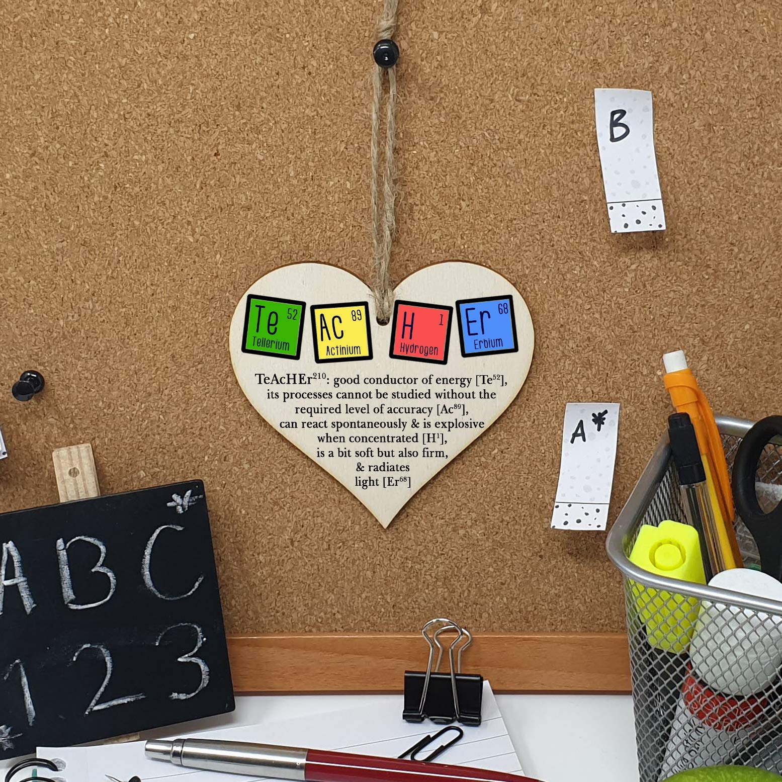 The Plum Penguin Handmade Wooden Hanging Heart Plaque Gift Teacher Present Fun Novelty Chemical elements Thank You from child card alternative