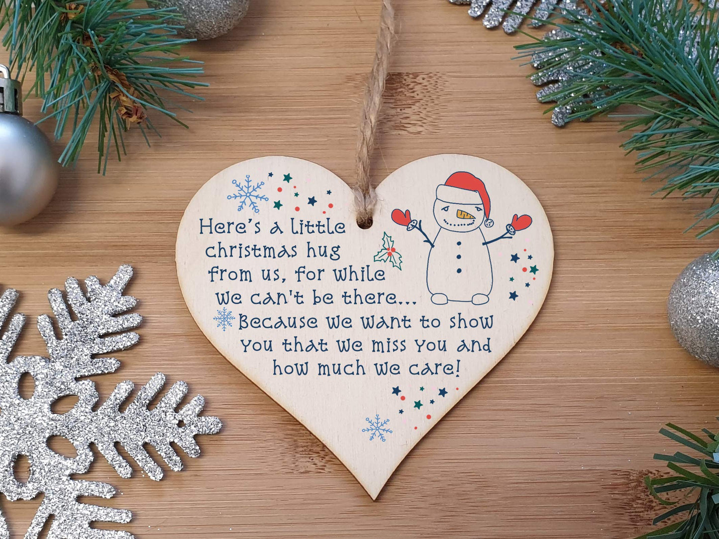 The Plum Penguin Handmade Wooden Hanging Heart Plaque Christmas Tree Bauble A Little Hug While We Can't Be There Card Alternative Long Distance Family Friends