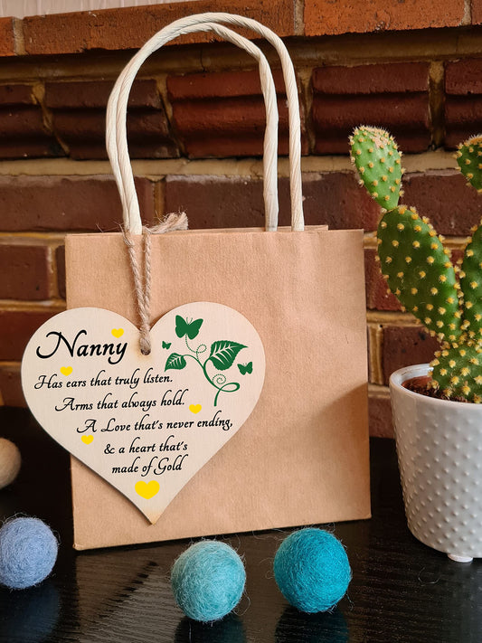 Handmade Wooden Hanging Heart Plaque Gift for Nanny Loving Thoughtful Present