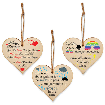 The Plum Penguin Set of 3 Hanging Decorations Wooden Hearts Inspirational Gift or Pick Me Up Vibes | Always Remember You Are | Rainbows After Storm