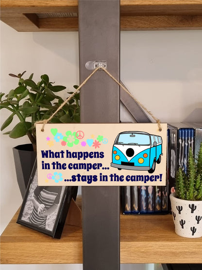 Handmade Wooden Hanging Wall Plaque What Happens in the Camper Fun Retro Camping Adventure Sign