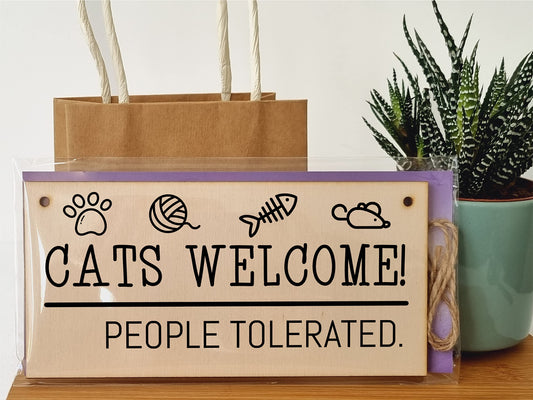 The Plum Penguin Handmade Wooden Hanging Wall Plaque Cats Welcome People Tolerated Funny Cute Sign Pet Lover Cat Mum Dad