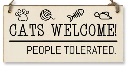 The Plum Penguin Handmade Wooden Hanging Wall Plaque Cats Welcome People Tolerated Funny Cute Sign Pet Lover Cat Mum Dad