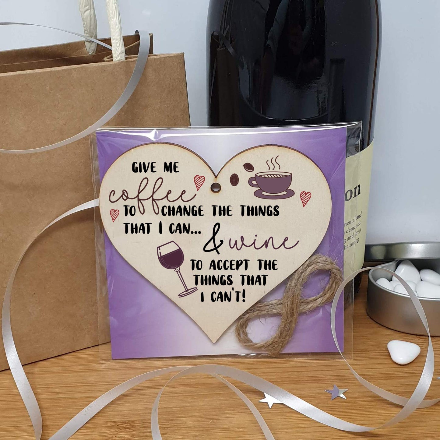 The Plum Penguin Handmade Wooden Hanging Heart Plaque Gift Give me coffee give me wine to change things novelty window wall hanger gift for wine coffee lovers friends family funny saying