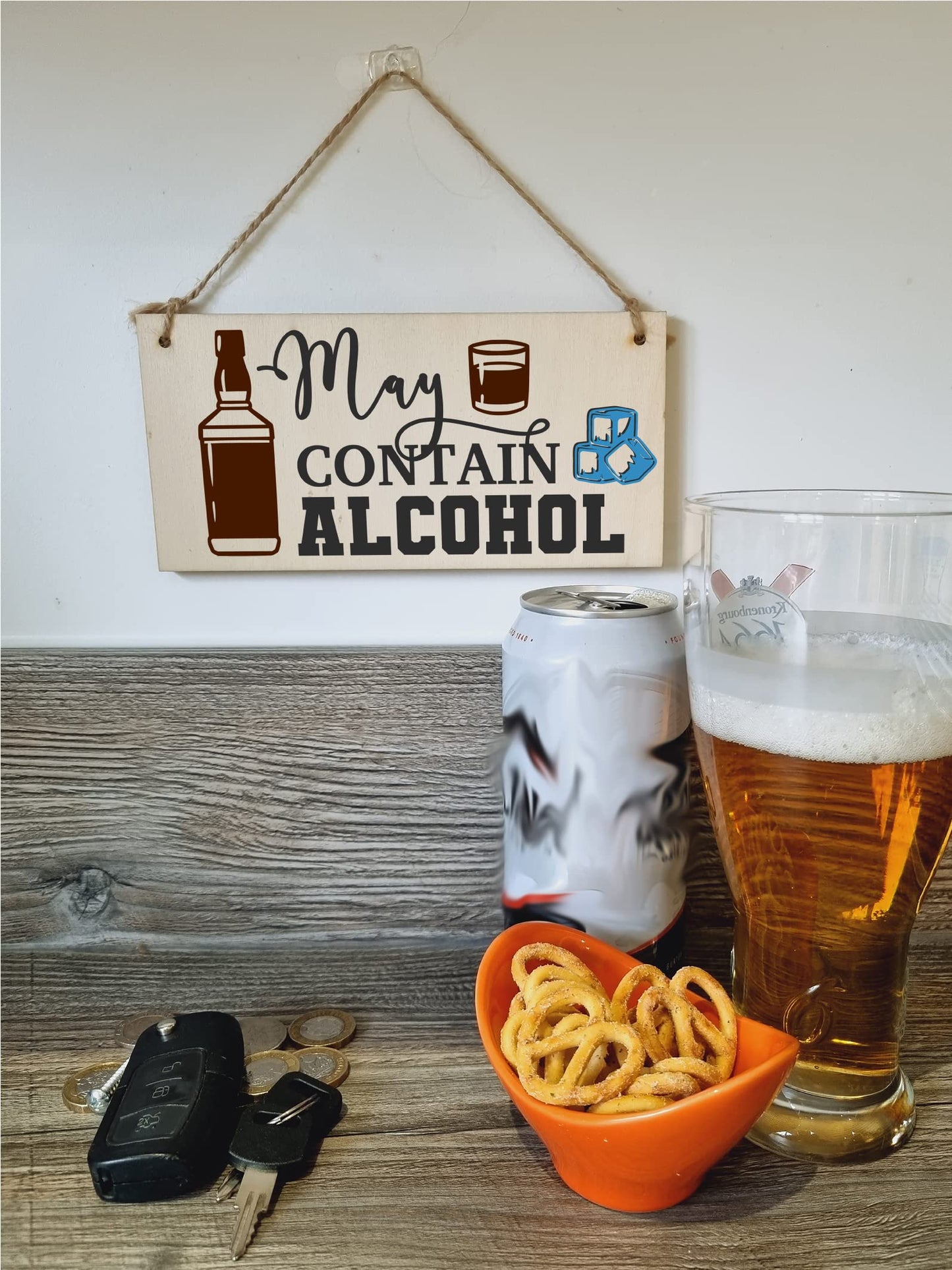 The Plum Penguin May Contain Alcohol Funny Novelty Handmade Wooden Hanging Wall Plaque Gift Home Bar Man Cave Sign Decoration