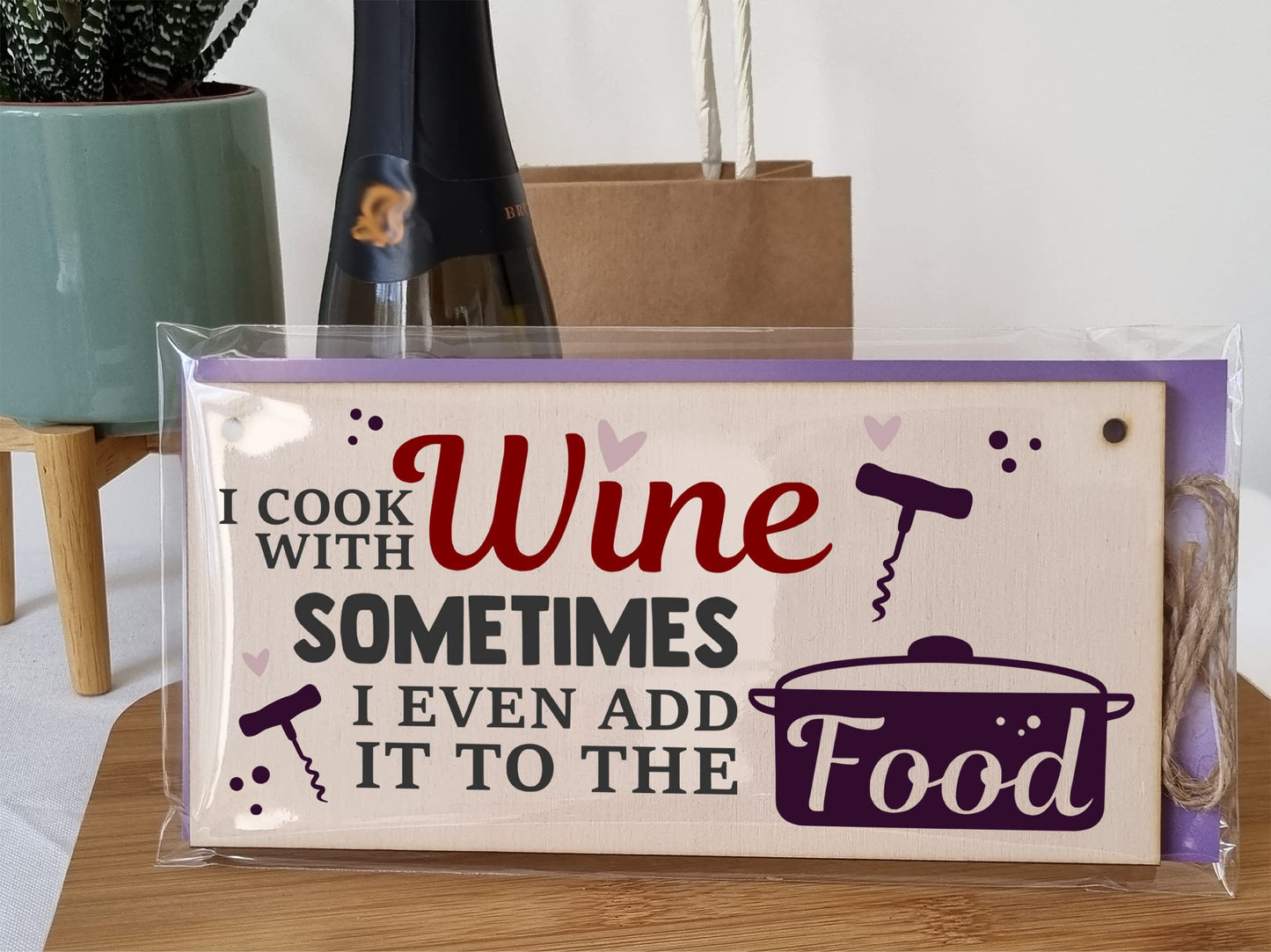 The Plum Penguin I Cook With Wine Funny Novelty Handmade Wooden Hanging Wall Plaque Gift Kitchen Home Bar Sign Decoration
