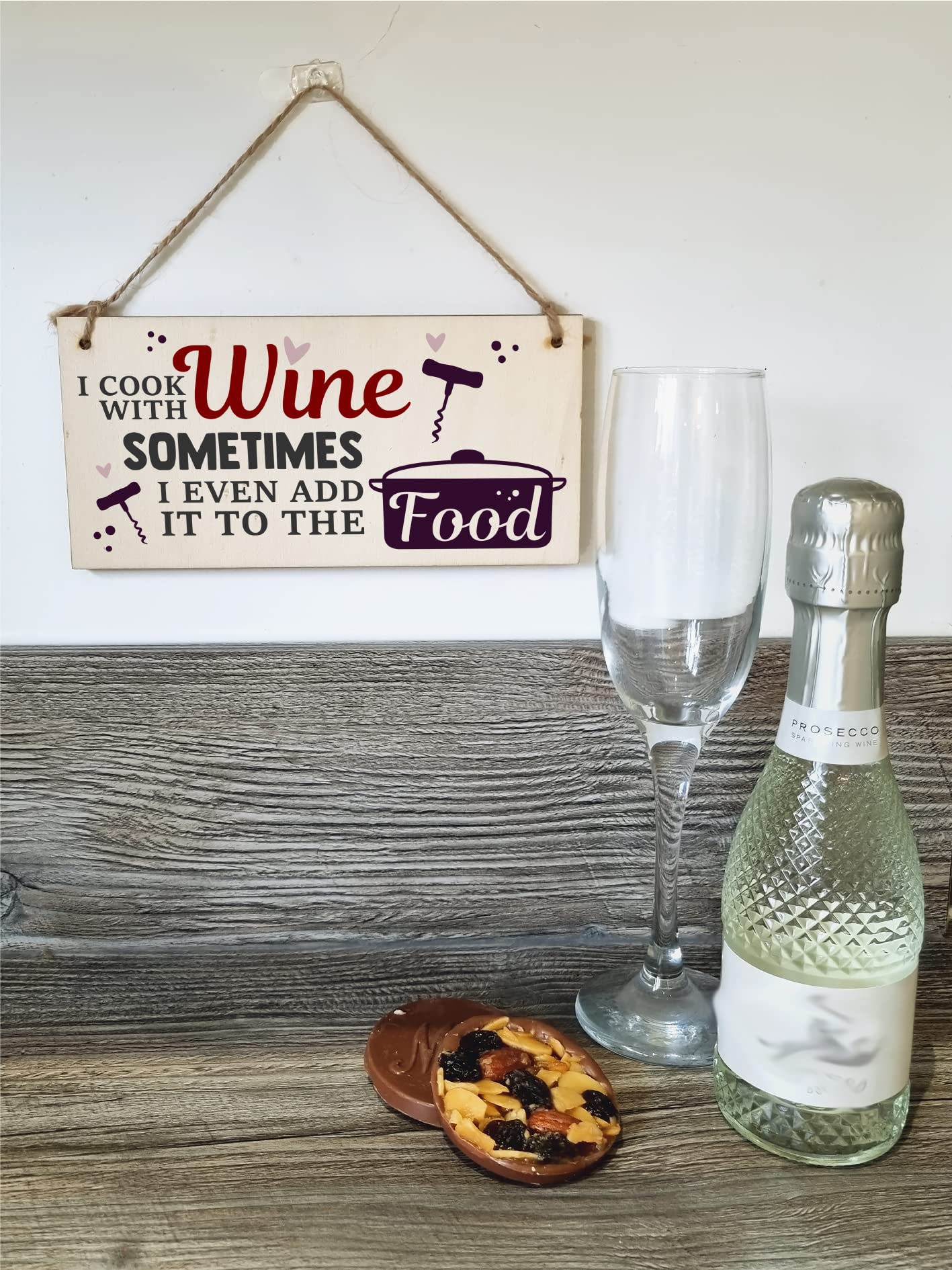 The Plum Penguin I Cook With Wine Funny Novelty Handmade Wooden Hanging Wall Plaque Gift Kitchen Home Bar Sign Decoration