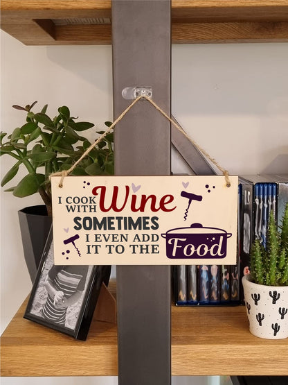 The Plum Penguin I Cook With Wine Funny Novelty Handmade Wooden Hanging Wall Plaque Gift Kitchen Home Bar Sign Decoration