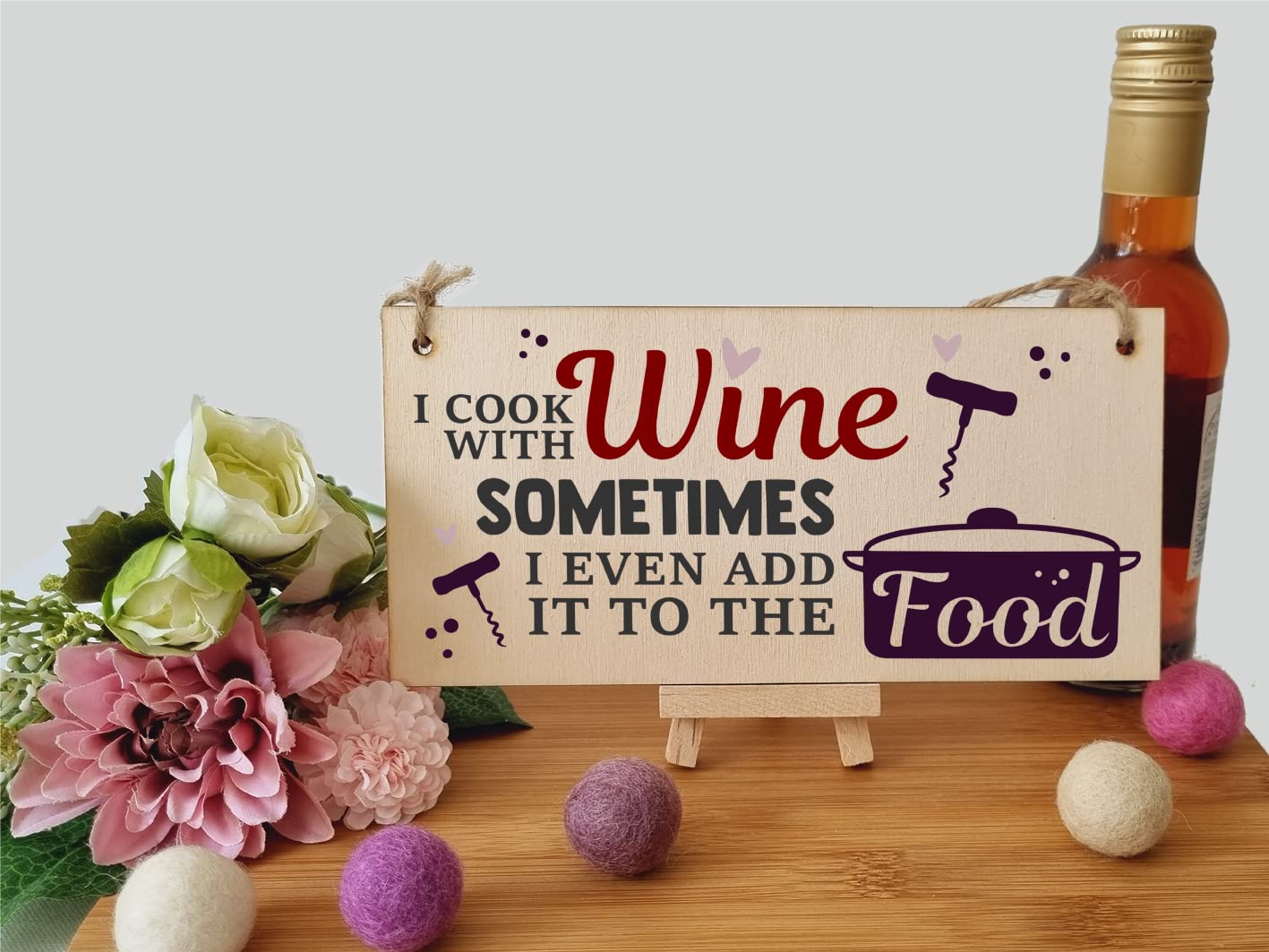 The Plum Penguin I Cook With Wine Funny Novelty Handmade Wooden Hanging Wall Plaque Gift Kitchen Home Bar Sign Decoration