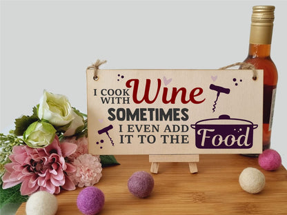 The Plum Penguin I Cook With Wine Funny Novelty Handmade Wooden Hanging Wall Plaque Gift Kitchen Home Bar Sign Decoration