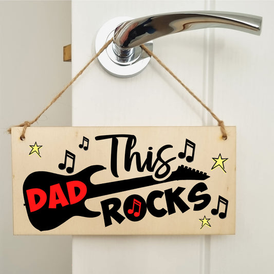 The Plum Penguin Handmade Wooden Hanging Wall Plaque This Dad Rocks Fun Guitar Music Novelty Sign Man Cave Office
